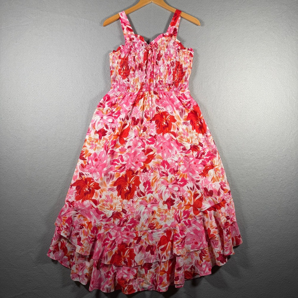 Grace Karin Pink Floral Smocked High Low Ruffle Maxi Dress Medium Tropical Boho